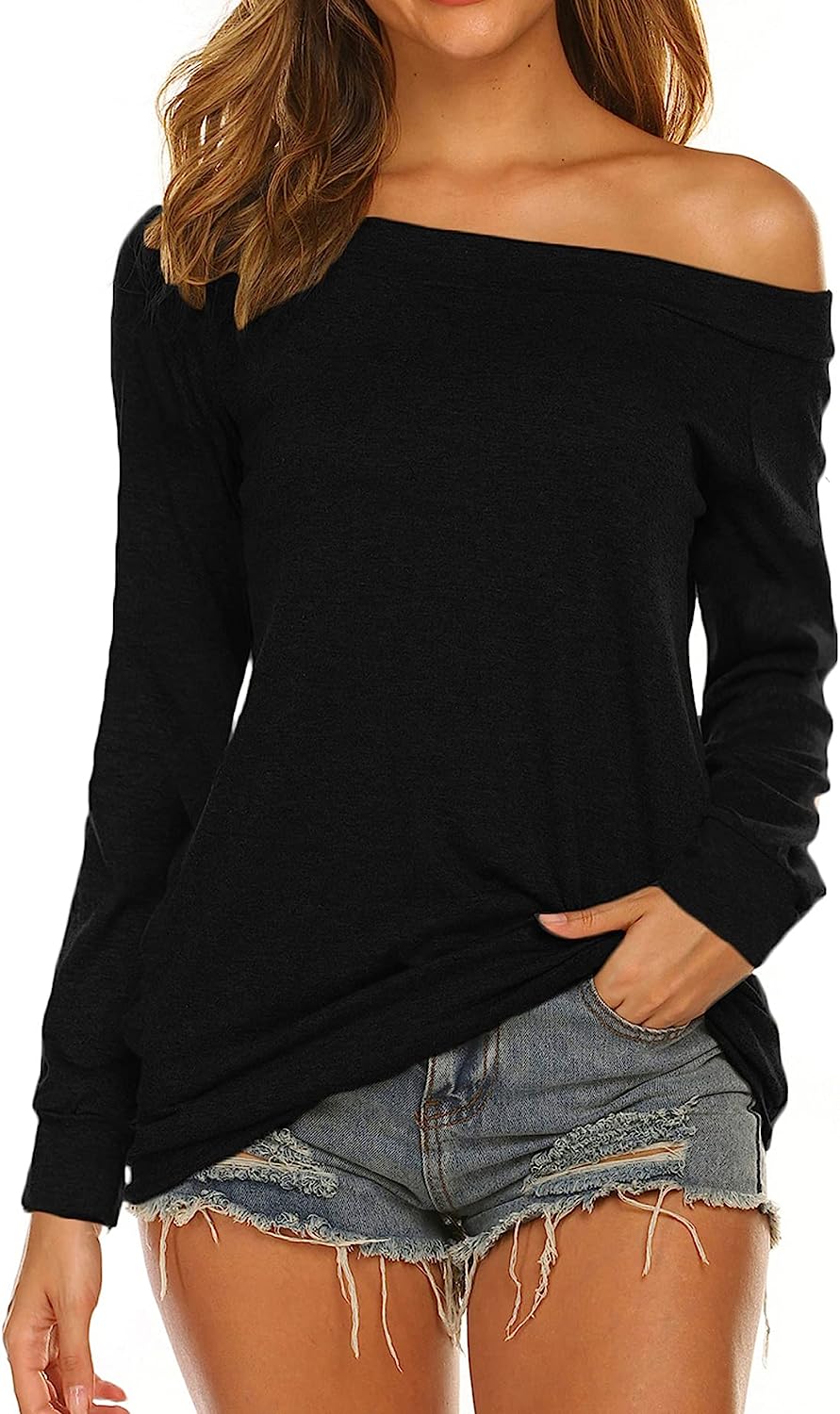 Halife Women's Long Sleeve Boat Neck Off Shoulder Blouse Tops Large Black